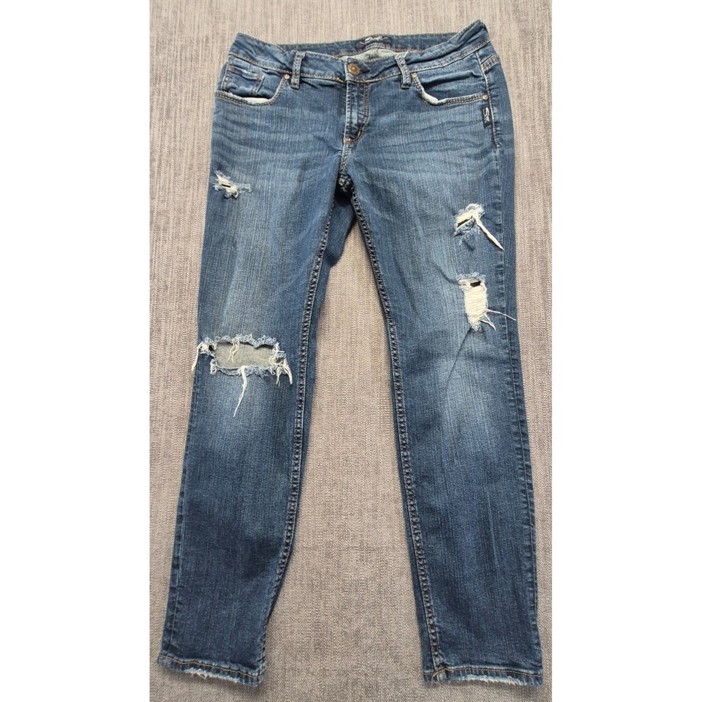 Silver Jeans Co SAM women's heavy distressed denim blue jeans 30x27 stretch‎